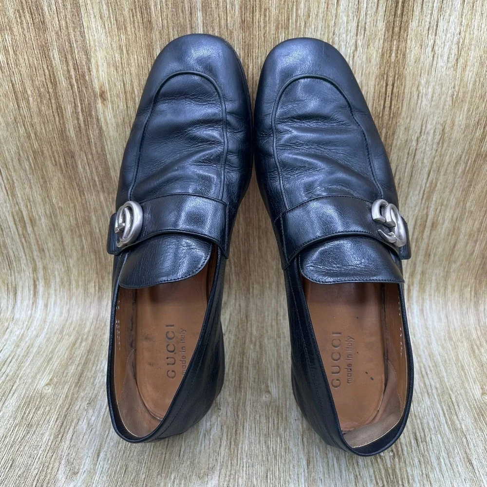 Gucci Slip On Loafers Men's Size 8.5 Black Leather Silver Double G Hardware